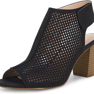 Women Open Toe Heels Denim Leather 3.3 Inch Chunky Block Sandals